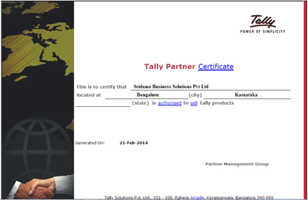 Sridama Tally Partner Certificate